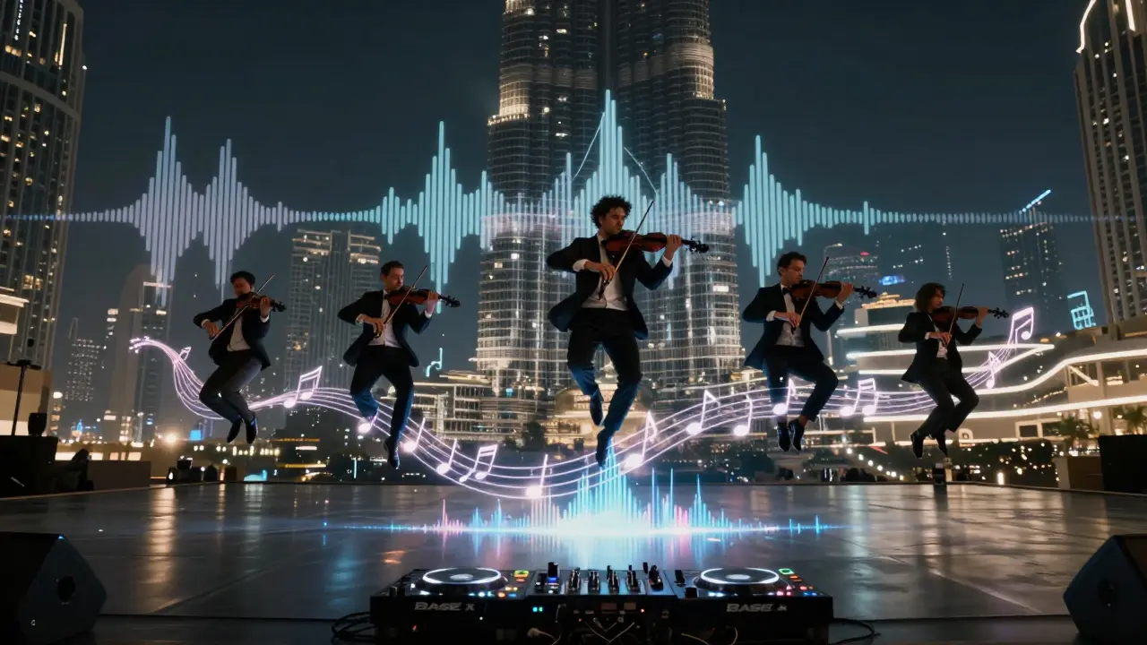 Classical musicians floating above a dance floor as musical notes blend with electronic waves and skyline projections.