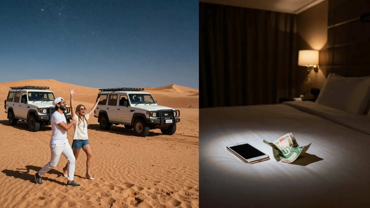 Contrasting scenes: joyful desert safari on one side, empty hotel room with money on the other, symbolizing choices in Dubai.