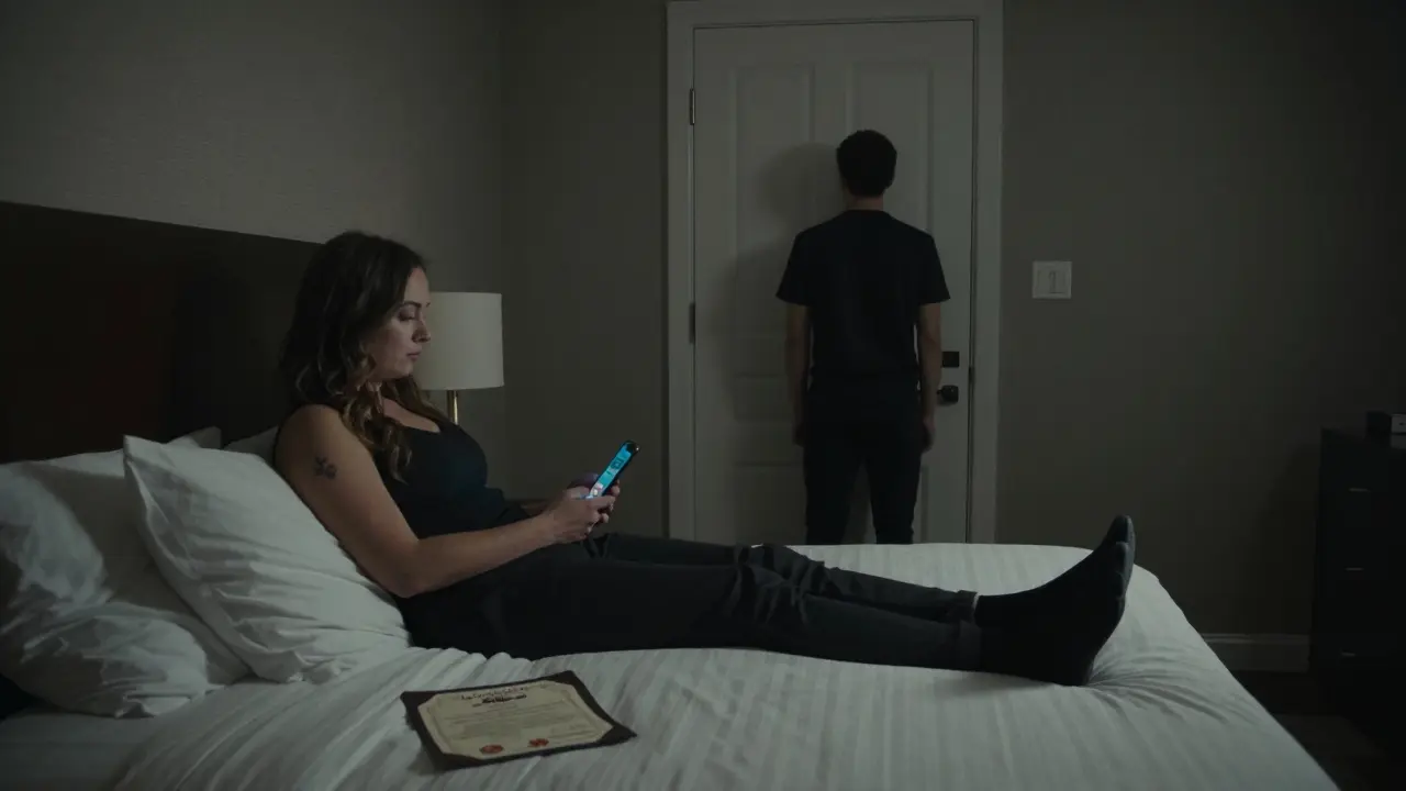 Couple in hotel room with Tinder phone in dim light, marriage certificate on nightstand, tense atmosphere.