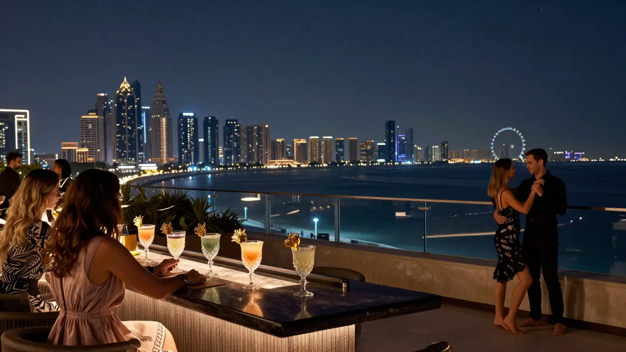 Couples dancing on BASE Dubai's rooftop terrace at night with glowing Dubai skyline and Arabian Gulf in the background.