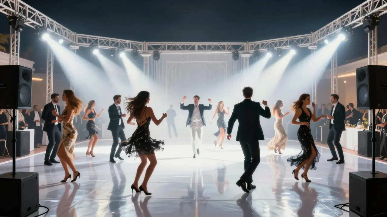 Crowd dancing under brilliant white lights in White Dubai’s main room, polished floor reflecting energy.