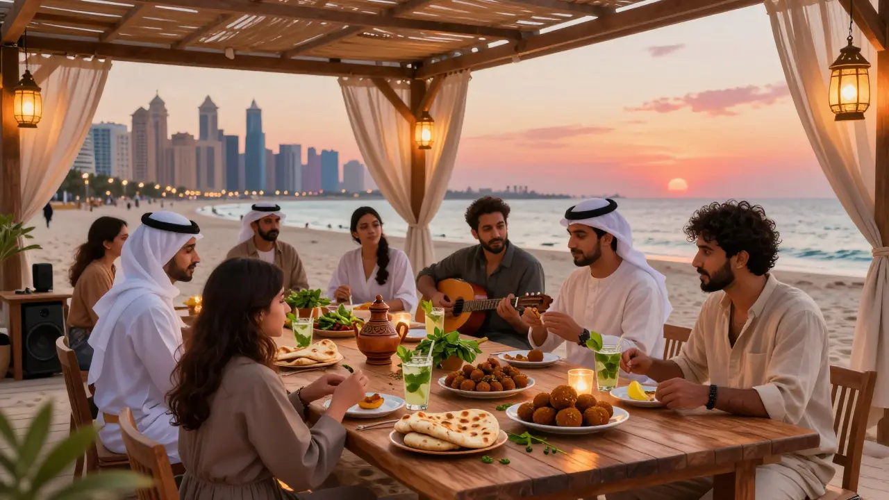 Diverse group sharing Lebanese mezze at a wooden table at Zaatar w Zeit Beach during sunset.