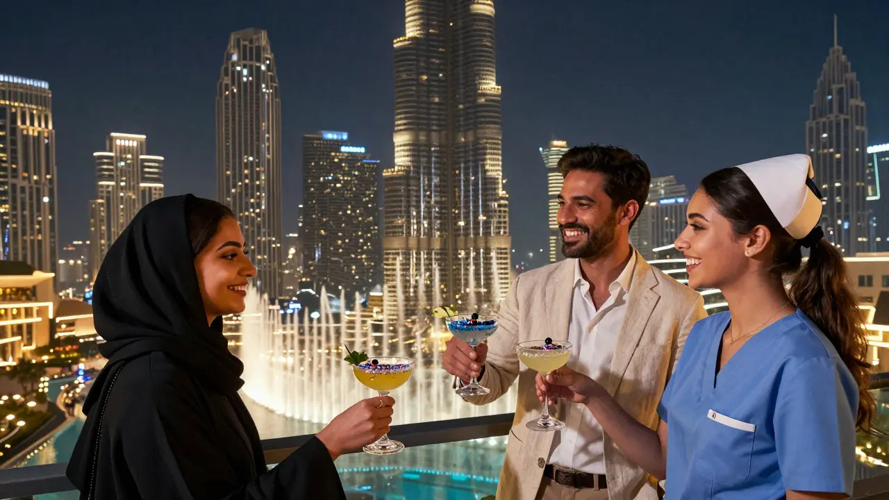 Diverse guests enjoying shimmering mocktails on a luxury rooftop, with the Burj Khalifa fountain and city lights glowing below.