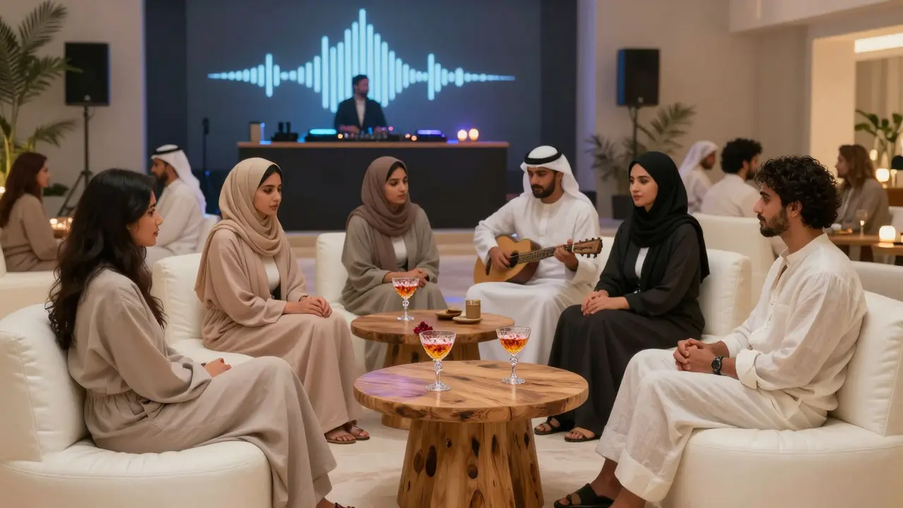 Elegant guests in quiet conversation at white leather lounges inside White Dubai, minimalist lighting and desert wood tables.