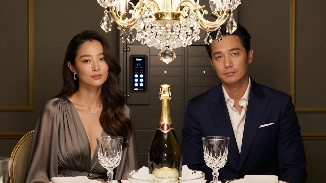 Elegantly dressed couple at a VIP table with champagne and crystal glasses, no visible logos or phones.