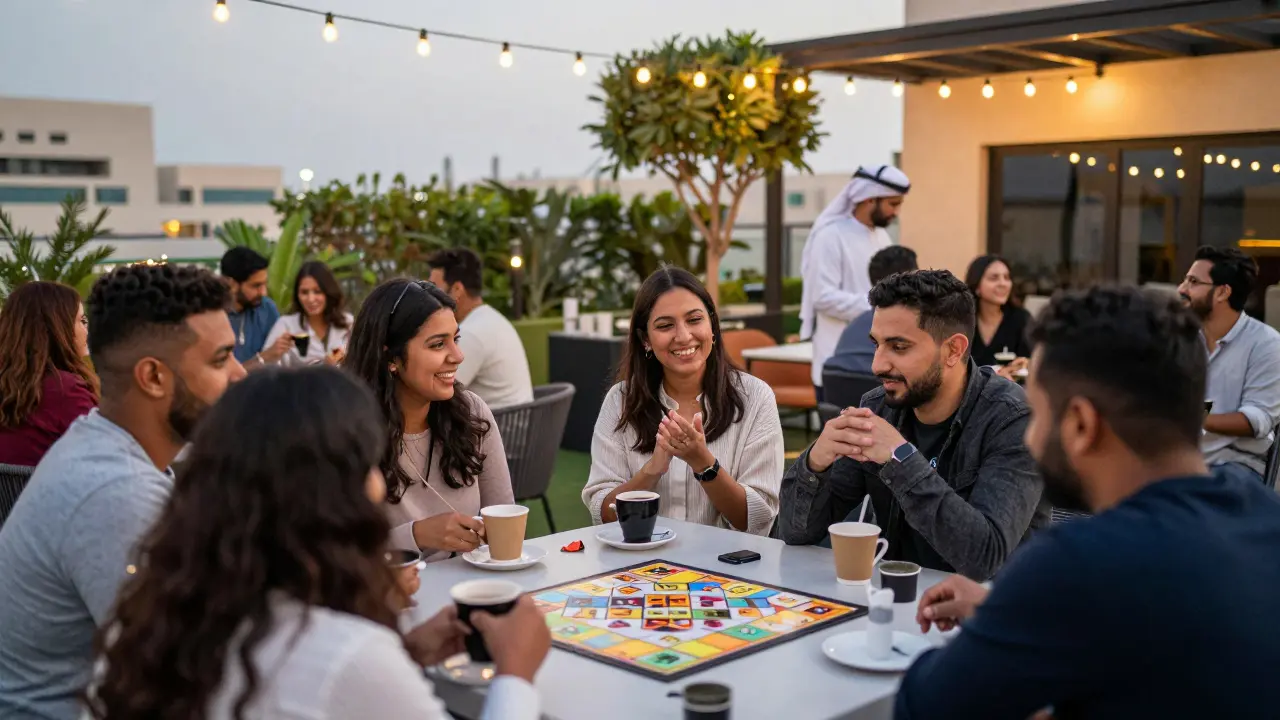 Expats socialize at a rooftop meetup in Dubai, connecting over coffee and shared hobbies.