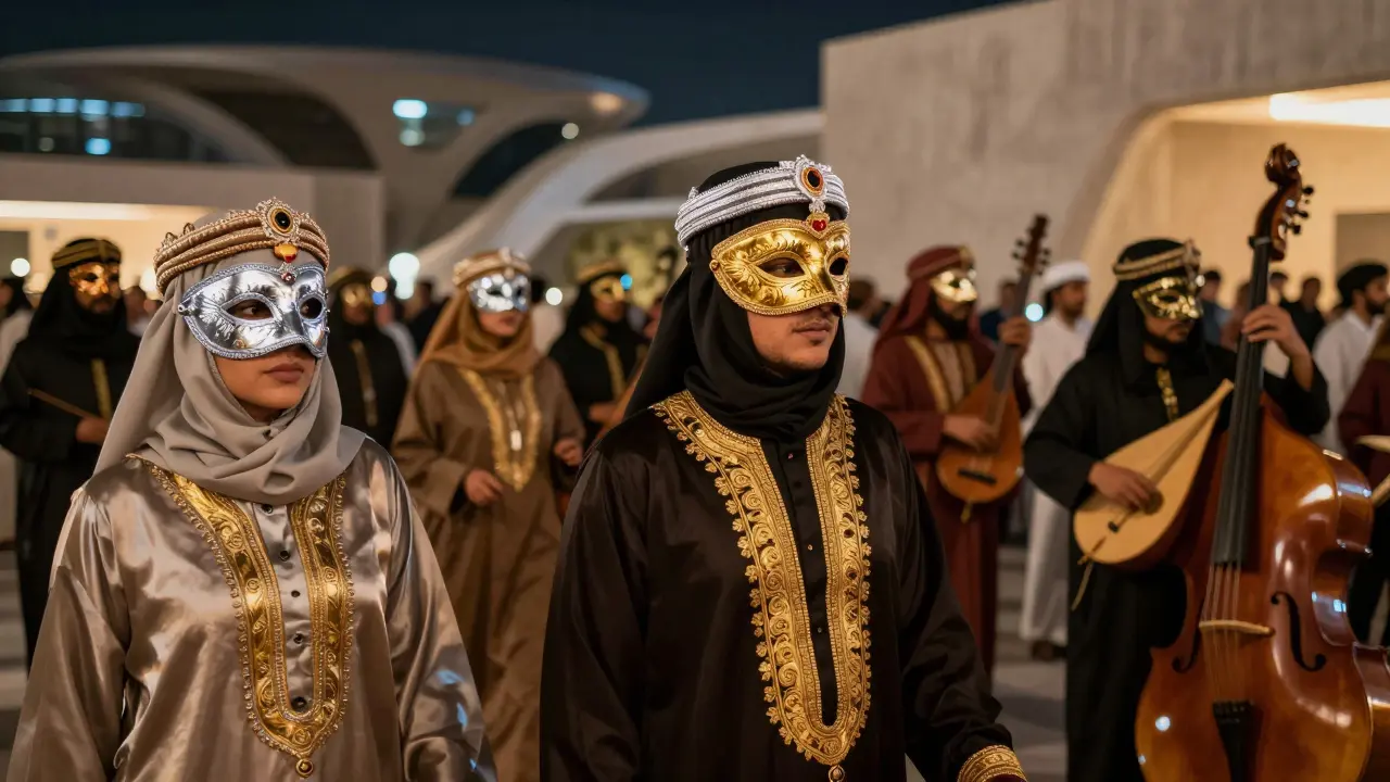 Guests in Emirati-inspired masks dancing at Midnight Masquerade while live oud players perform nearby.