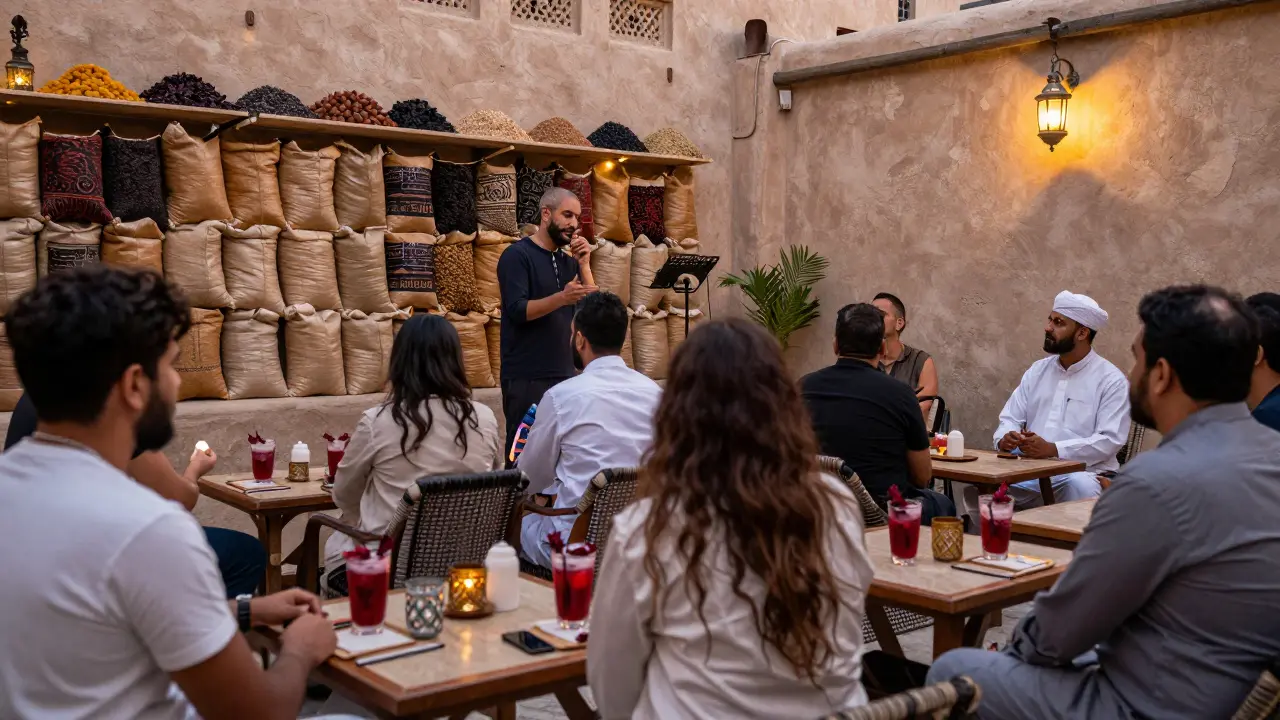 Guests listening to a poet in a quiet courtyard lounge, sipping non-alcoholic drinks under lantern light.