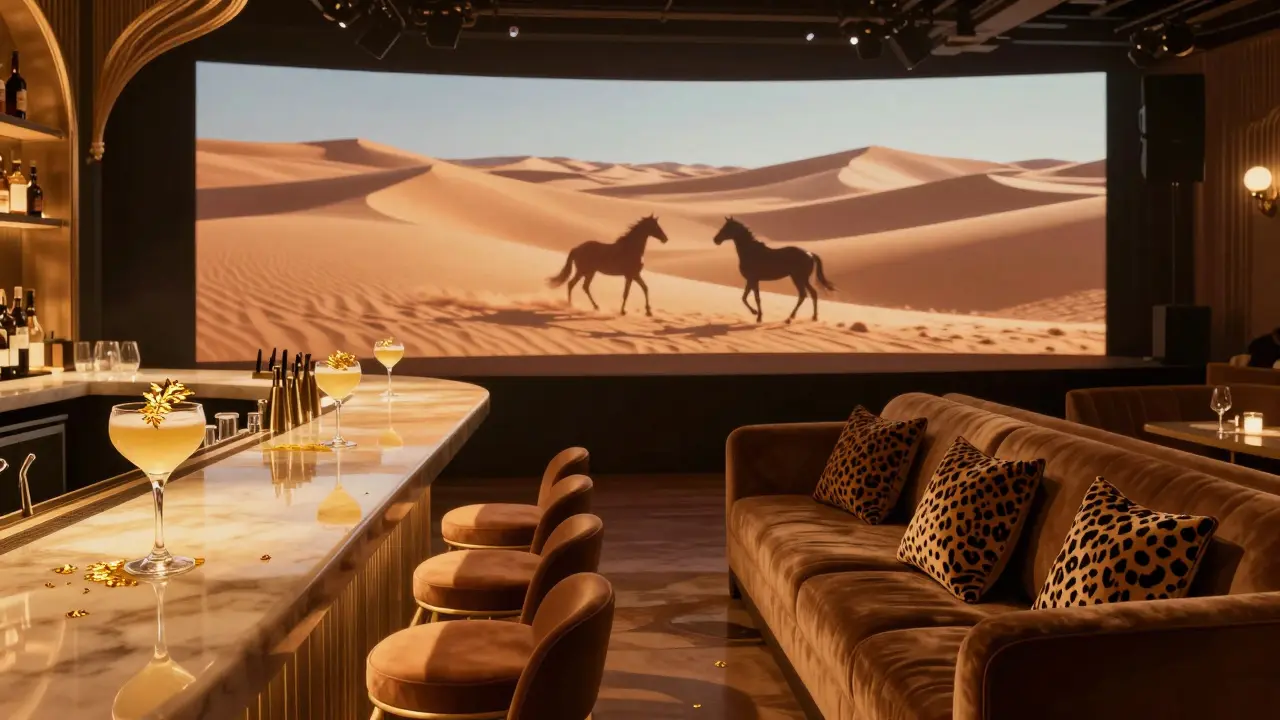 Inside Cavalli Club: velvet sofas, leopard-print cushions, and an LED screen projecting desert dunes under soft golden lighting.