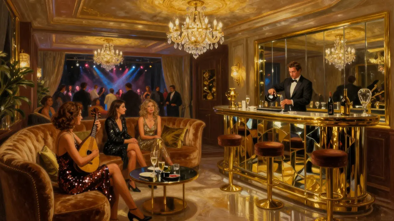 Luxurious VIP lounge at Cavalli Club with gold accents, velvet seating, and champagne service.