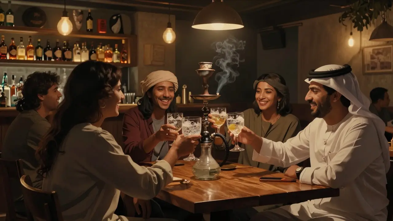 Patrons relaxing in a quiet local bar during happy hour, sipping gin and tonics with warm ambient lighting.