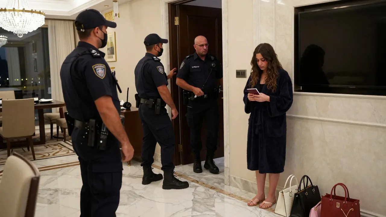 Police raid a Dubai apartment as a woman stands frozen, clutching her passport amid opulent surroundings.