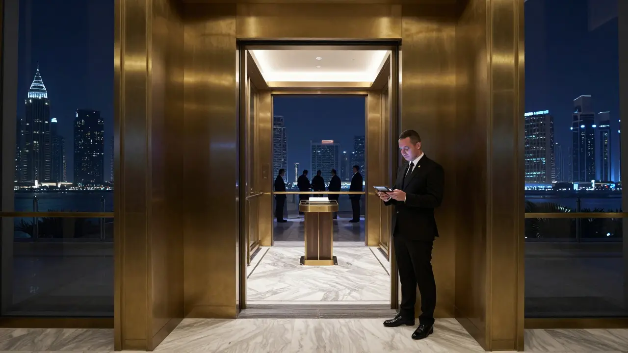Private elevator lobby leading into an exclusive nightclub, with security guard and glowing floor beyond.
