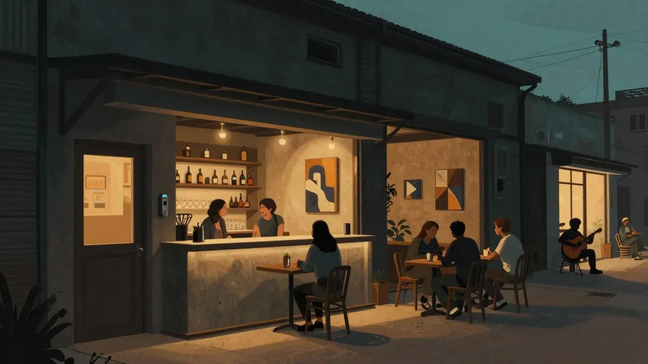 Quiet evening at Alserkal Avenue&#039;s Concrete bar, dim lighting and art-filled ambiance.