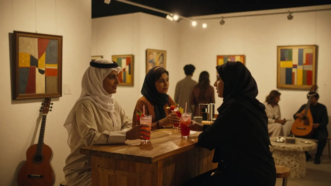 Quiet evening at Alserkal Avenue with art galleries open late, people sipping drinks under string lights and an oud on display.