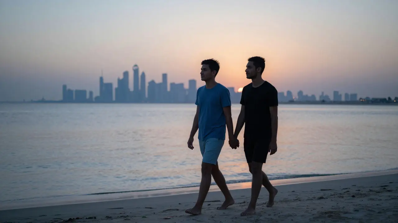 Same-sex couple walking on Dubai beach at sunset, hands behind backs, skyline in distance, quiet and reserved.