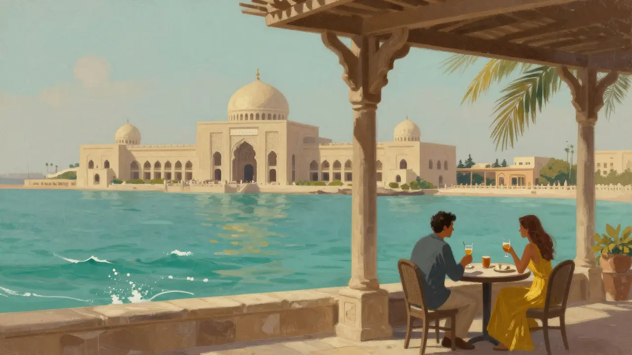 Serene Ottoman-style beach pavilion overlooking turquoise water, couple relaxing in quiet luxury.