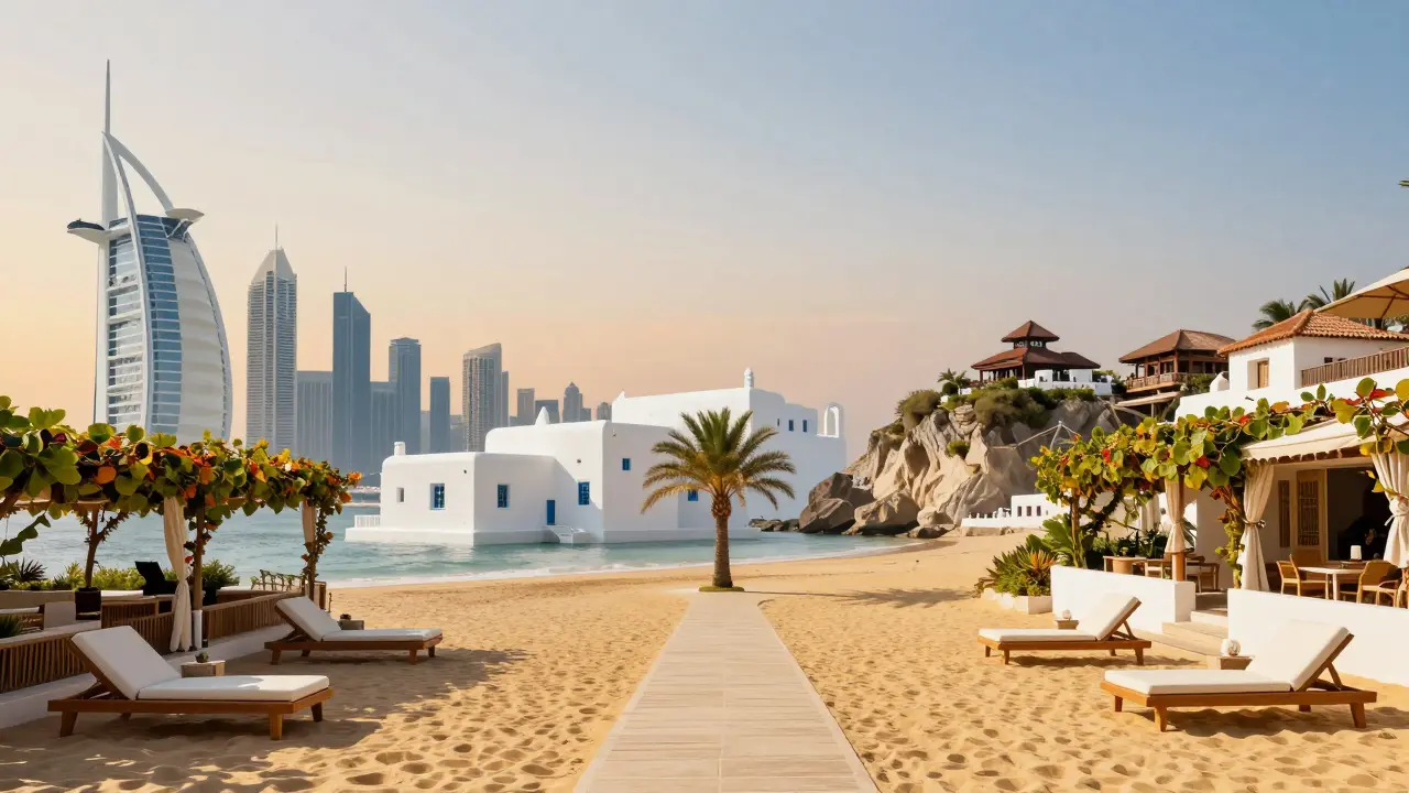 Surreal fusion of global beach clubs connected by a golden sand path under a golden sunset.