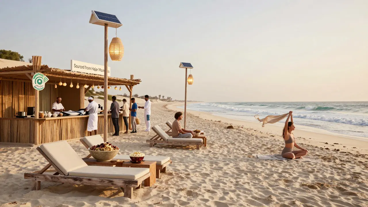 Sustainable beach lounge at Green Beach Dubai with solar lights, local food, and someone doing sunrise yoga.