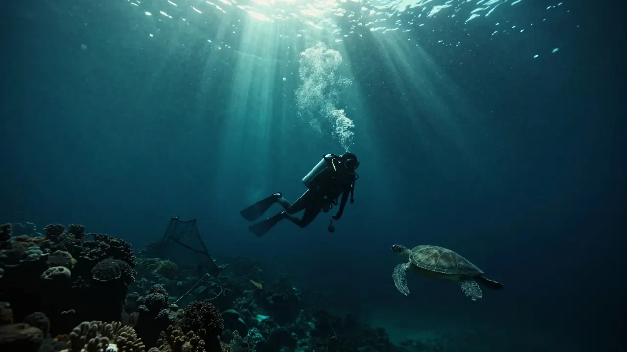 Technical diver descending into dark underwater cave with sunlight and coral