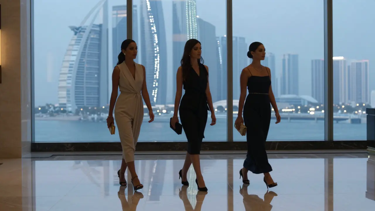 Three elegantly dressed women walking in a hotel lobby, reflecting the Dubai skyline.