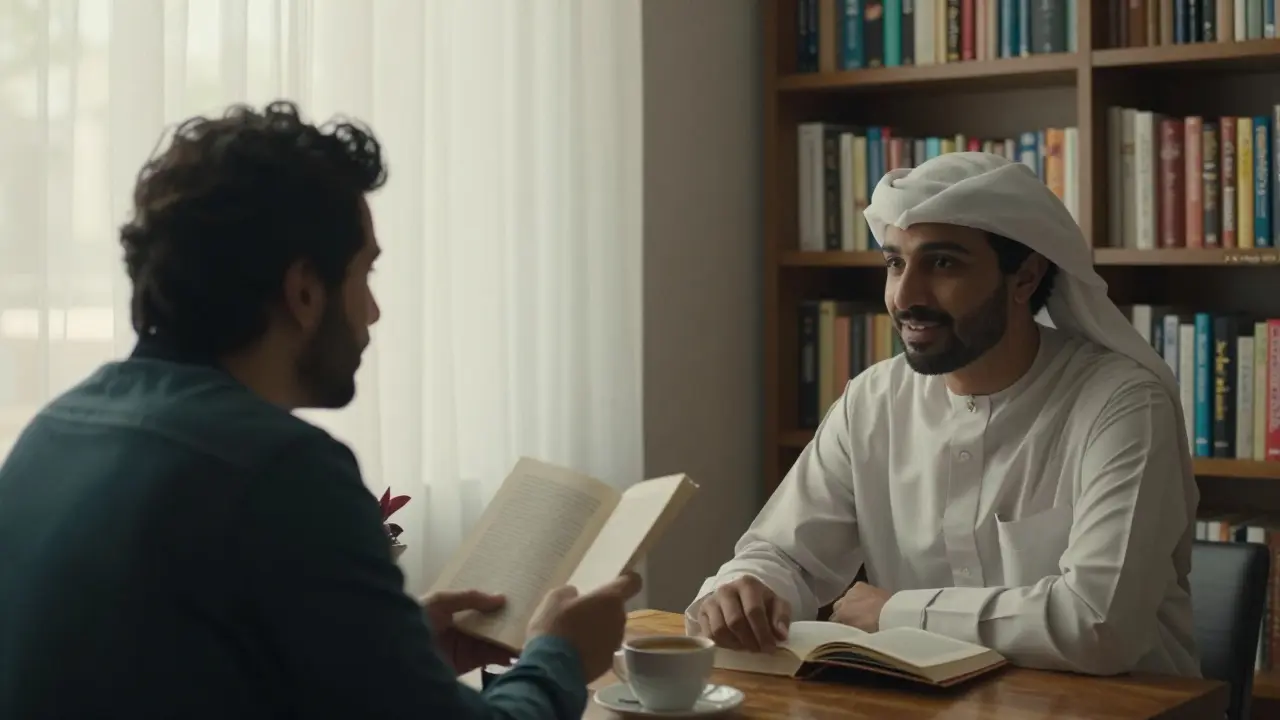 Two people sharing coffee and a book at a quiet book club in Dubai, sunlight streaming through windows.
