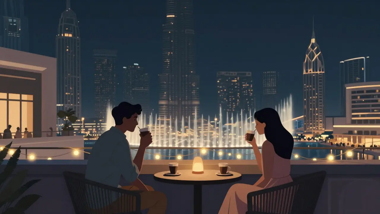 Two people sit quietly on a rooftop terrace in Dubai at night, the fountain sparkling below, atmosphere calm and intimate.