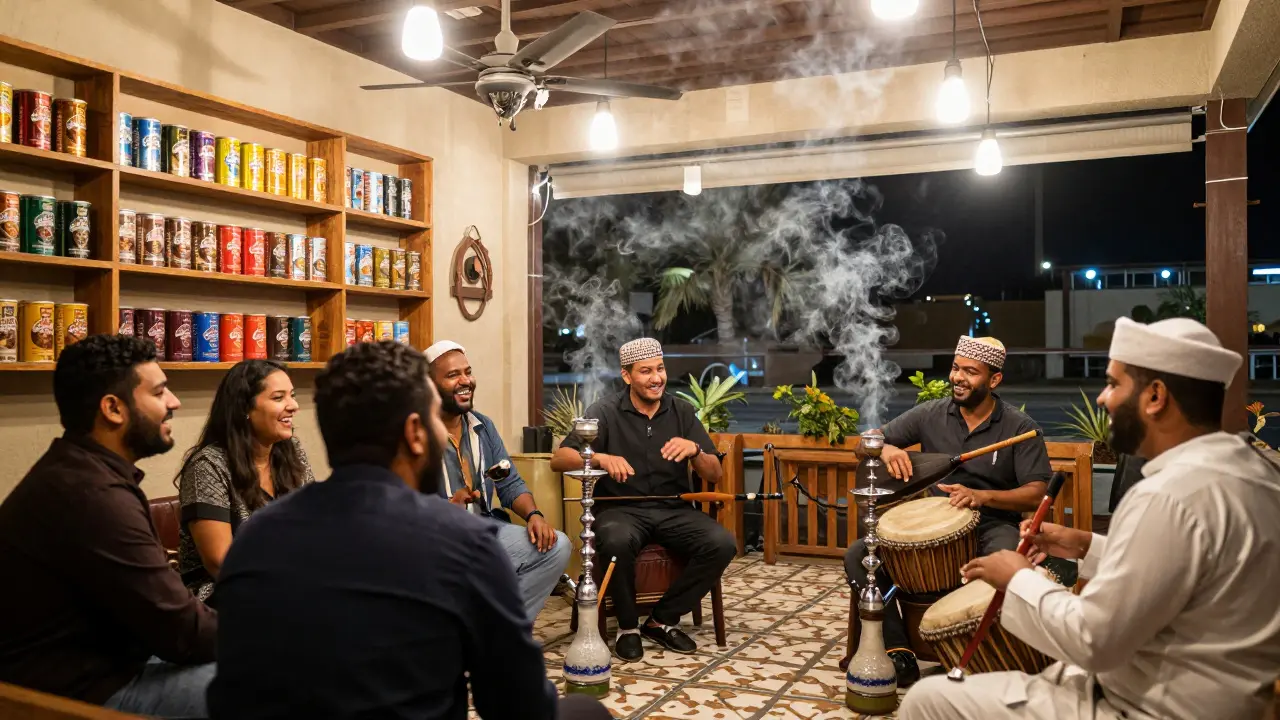 Vibrant shisha lounge with live Arabic music, friends gathered, and colorful tobacco cans on display.