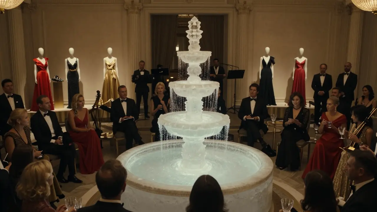 A champagne fountain and rare fashion displays at a private Cavalli Club event, guests in evening wear gathered in quiet luxury.