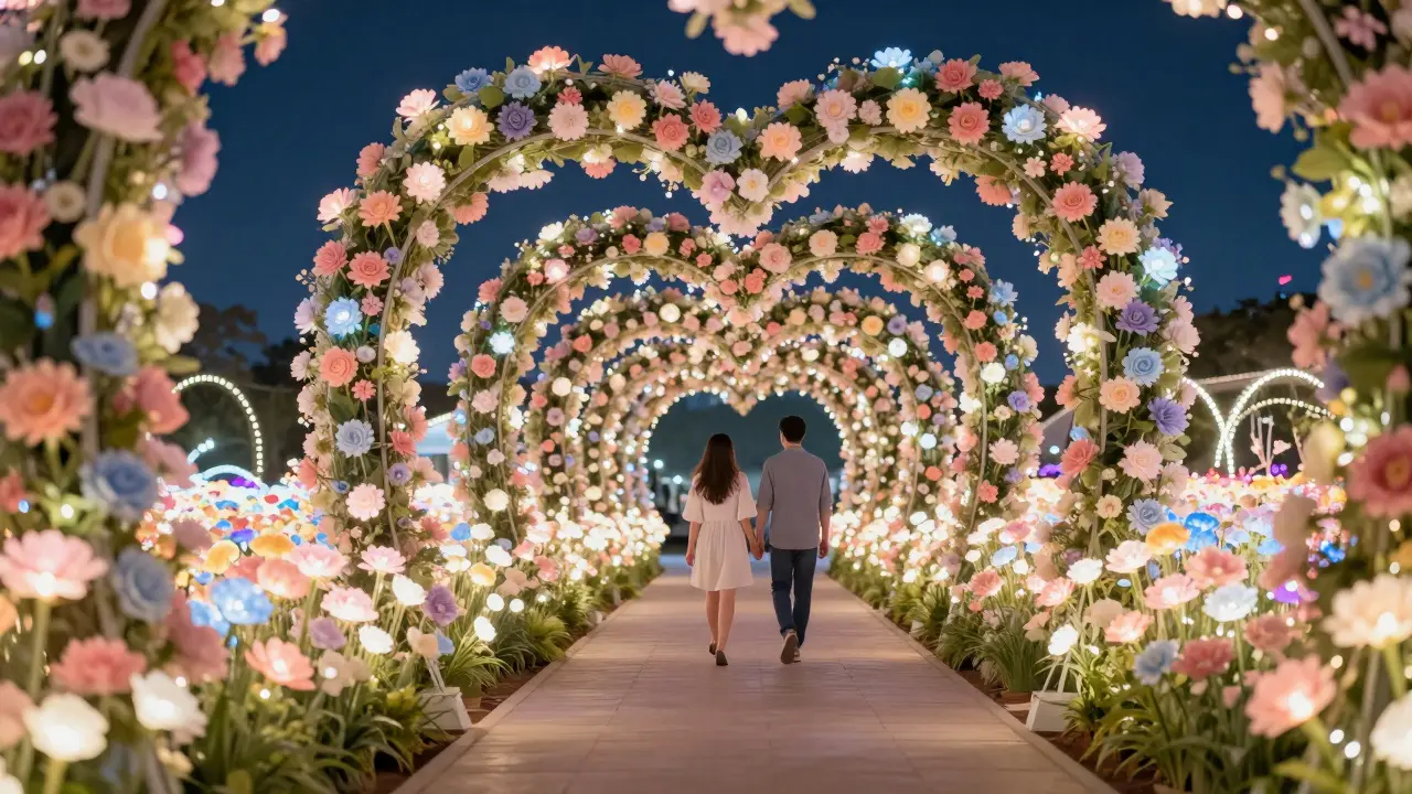 A couple walking through a glowing tunnel of LED flowers in the Dubai Miracle Garden after dark.