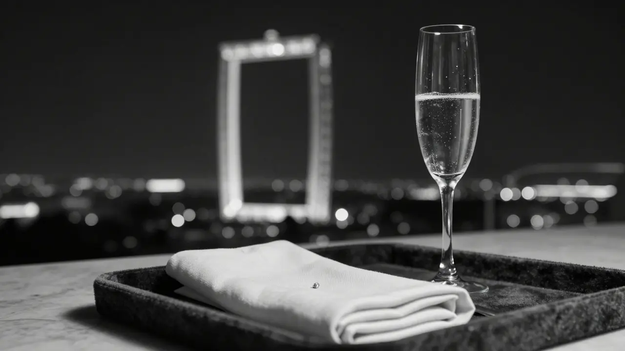 A diamond stud and champagne glass on velvet, symbolizing quiet luxury and unseen presence in Dubai.