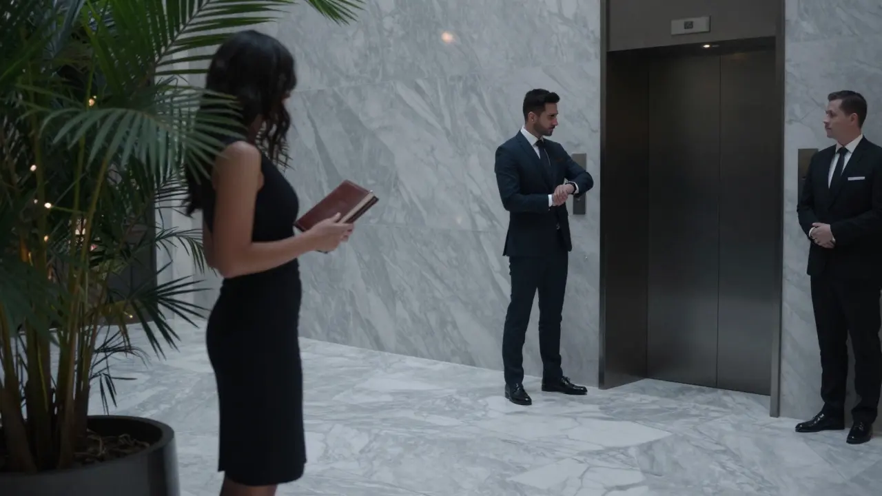 A discreetly dressed woman waiting in a luxury hotel lobby, subtly confirming a private arrangement with a businessman.