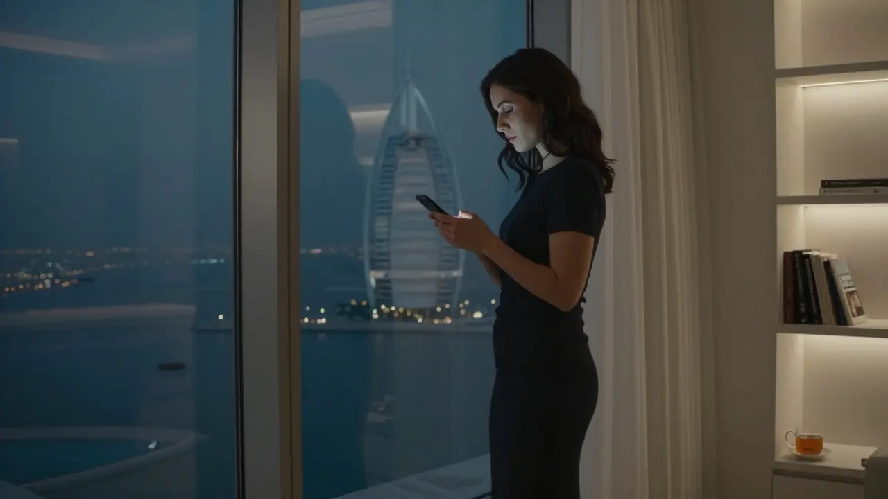 A European woman stands by a window in a minimalist Dubai apartment, holding a phone, bathed in soft night light.