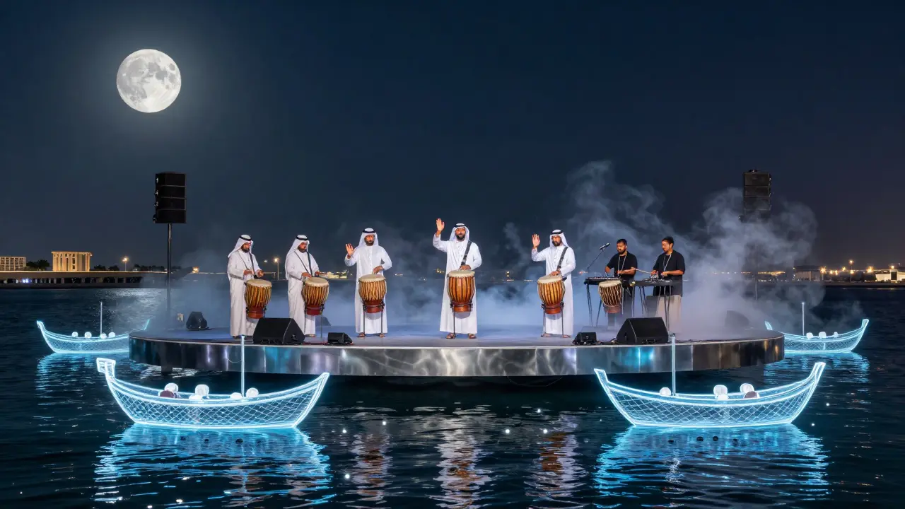 A floating stage on Dubai Marina under the full moon, blending traditional Emirati music with techno beats and holographic boats in the water.