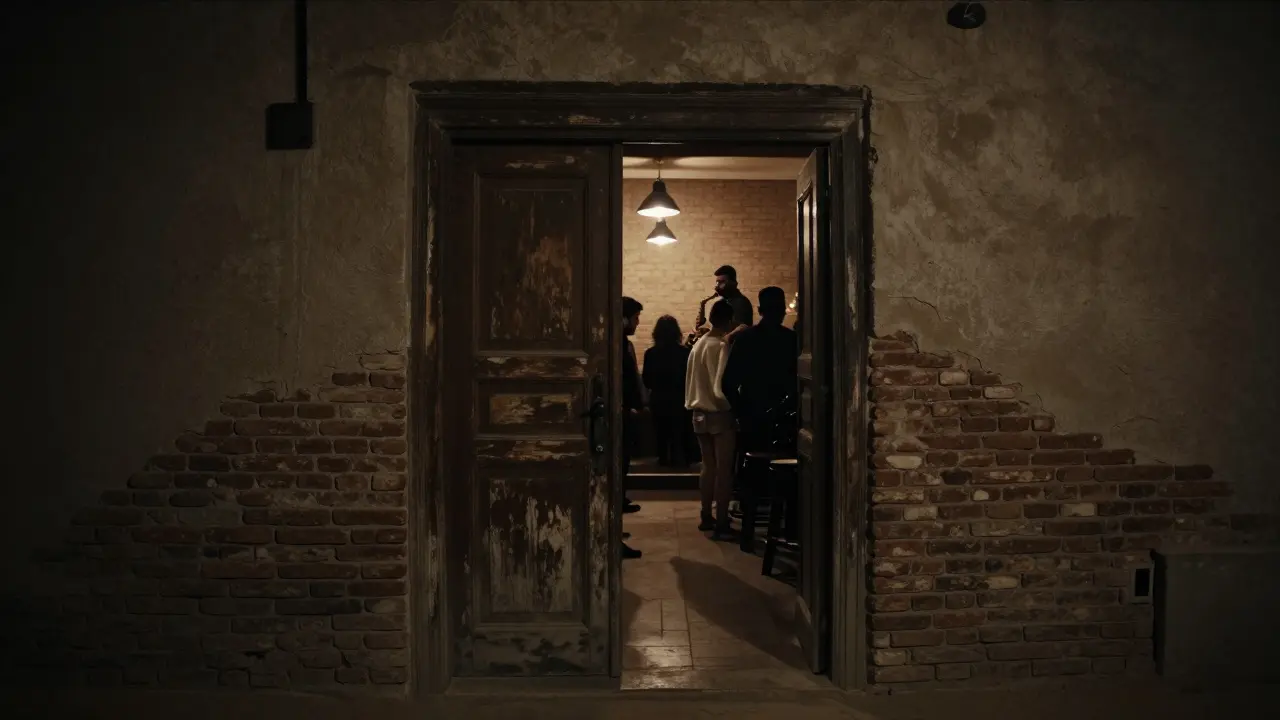 A hidden jazz lounge entrance in Alserkal Avenue with dim glow and patrons slipping inside, no signs or crowds.