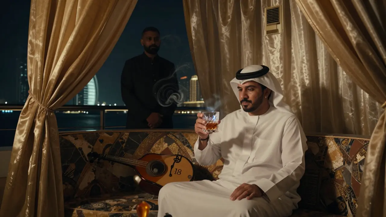 A lone billionaire sits in a dark VIP booth at midnight, golden skyline glowing behind him, silk curtains moving silently in the background.