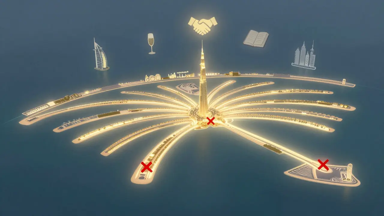 A map of Dubai showing safe areas for companionship with symbolic icons and caution zones marked subtly.