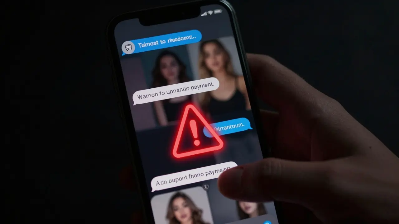 A phone showing a hidden Telegram chat with fake escort photos and crypto payment requests.