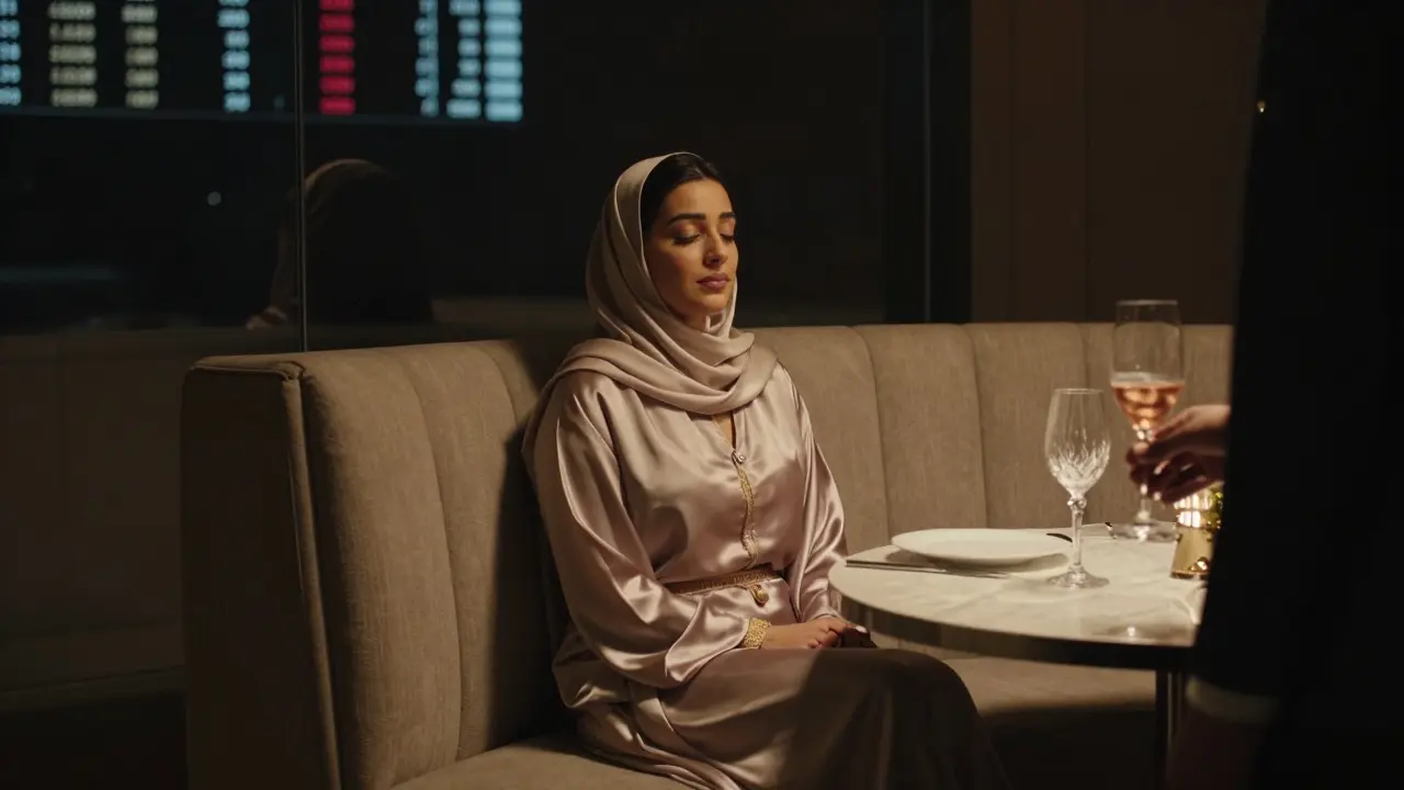 A princess in a silk gown sits alone in a dim booth, surrounded by silence, as a waiter places a champagne flute nearby.