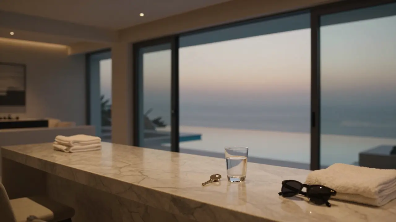 A private villa in Palm Jumeirah with an empty pool and key on marble counter, conveying discreet intimacy.