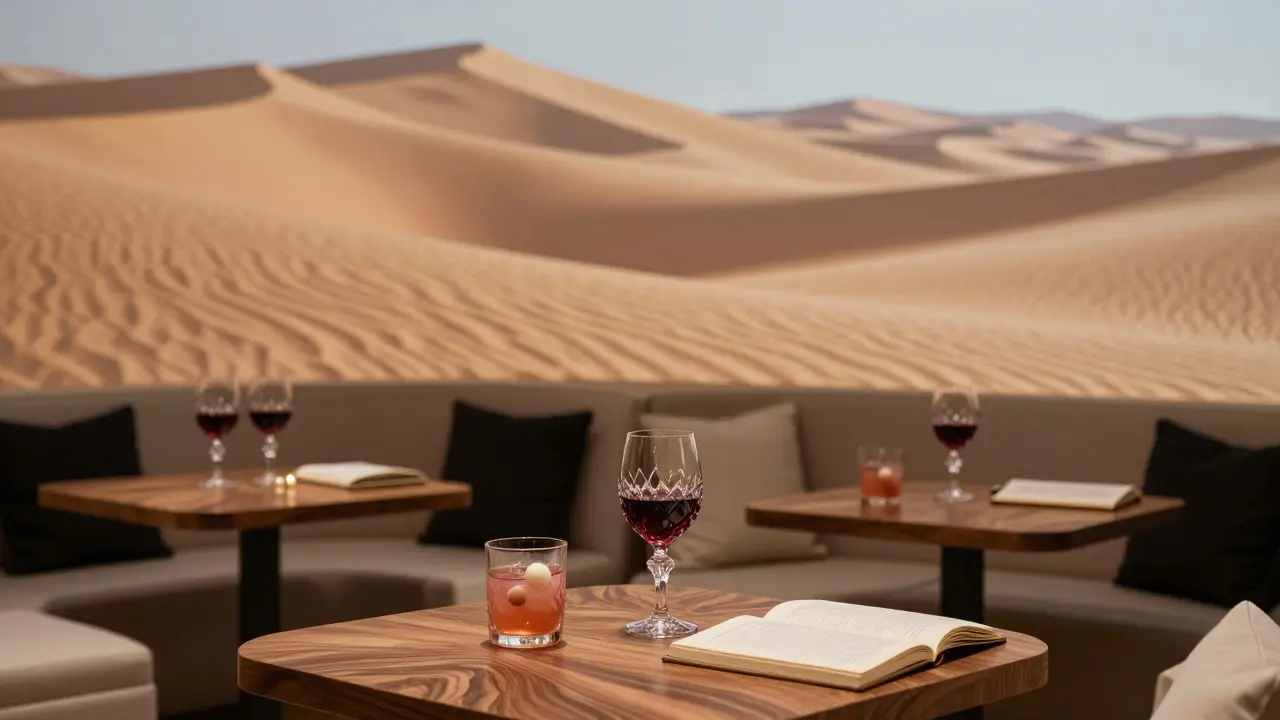 A quiet luxury lounge with walnut tables, crystal falcon glasses, and desert dune projections casting soft golden light.