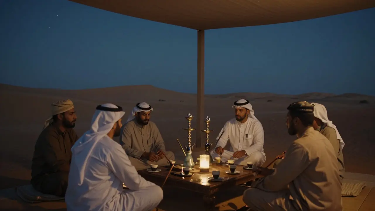 A serene desert terrace at night with people sharing shisha and coffee under stars, no music or lights.