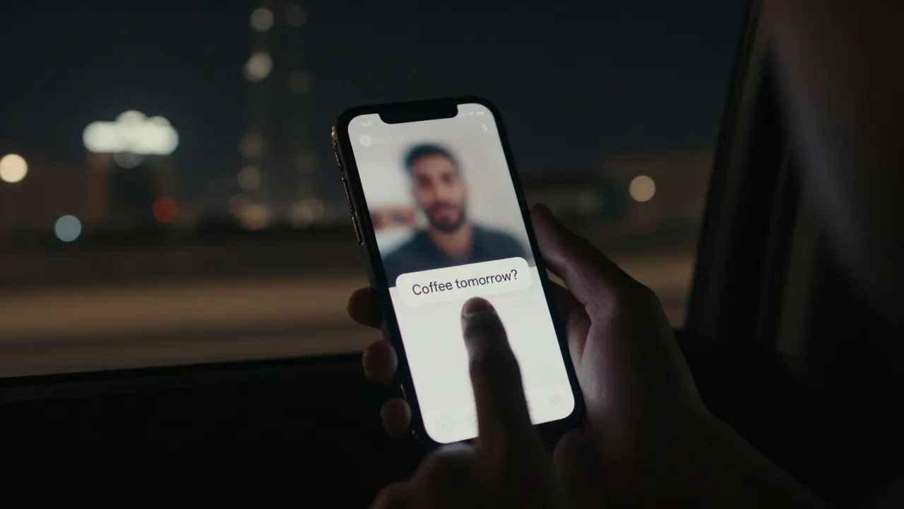 A smartphone screen glowing in a Dubai taxi, showing a vague dating app profile with no identifiable landmarks.