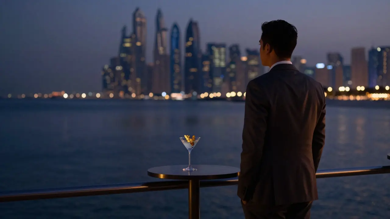 A solitary figure on Cavalli Club’s terrace at night, overlooking the calm marina and shimmering Dubai skyline.