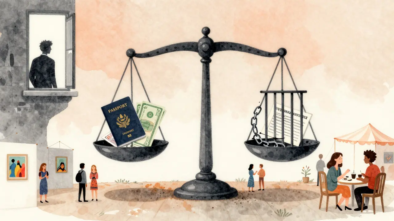 A symbolic scale shows the cost of illegal companionship versus the warmth of legal social connections in Dubai.