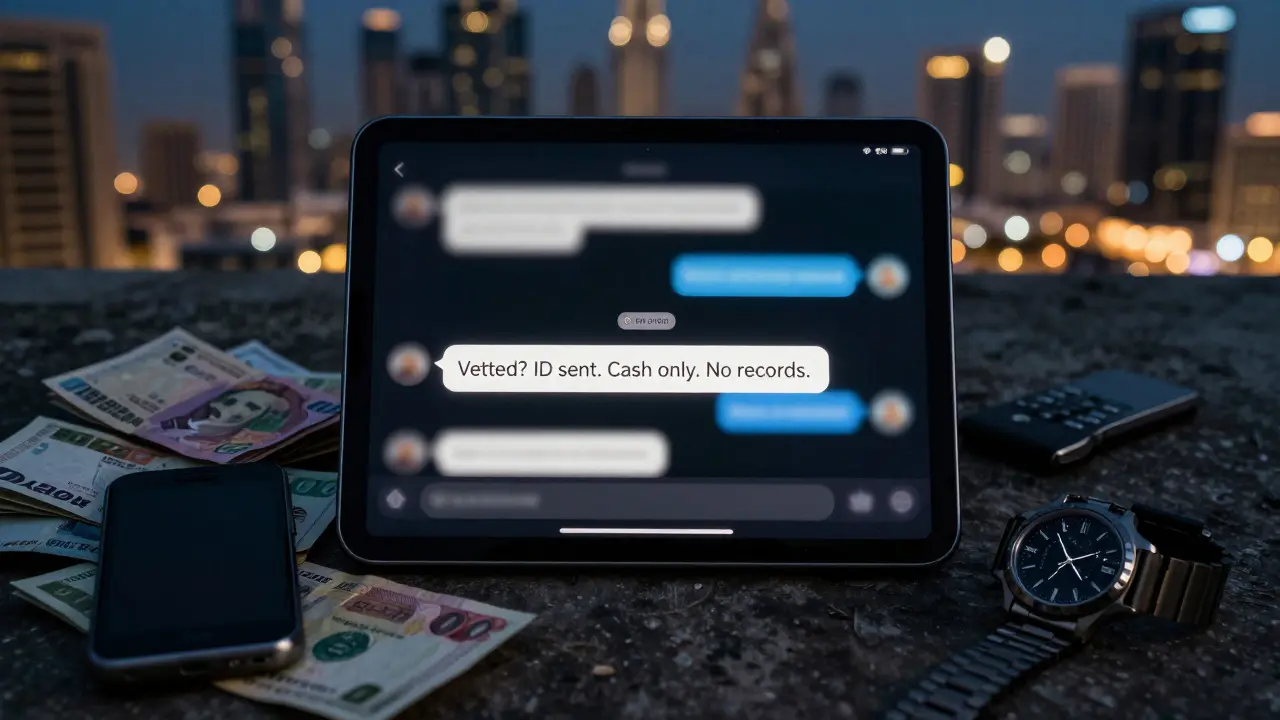 A tablet displaying a blurred encrypted Telegram chat with cash and a burner phone, set against Dubai's nighttime skyline.