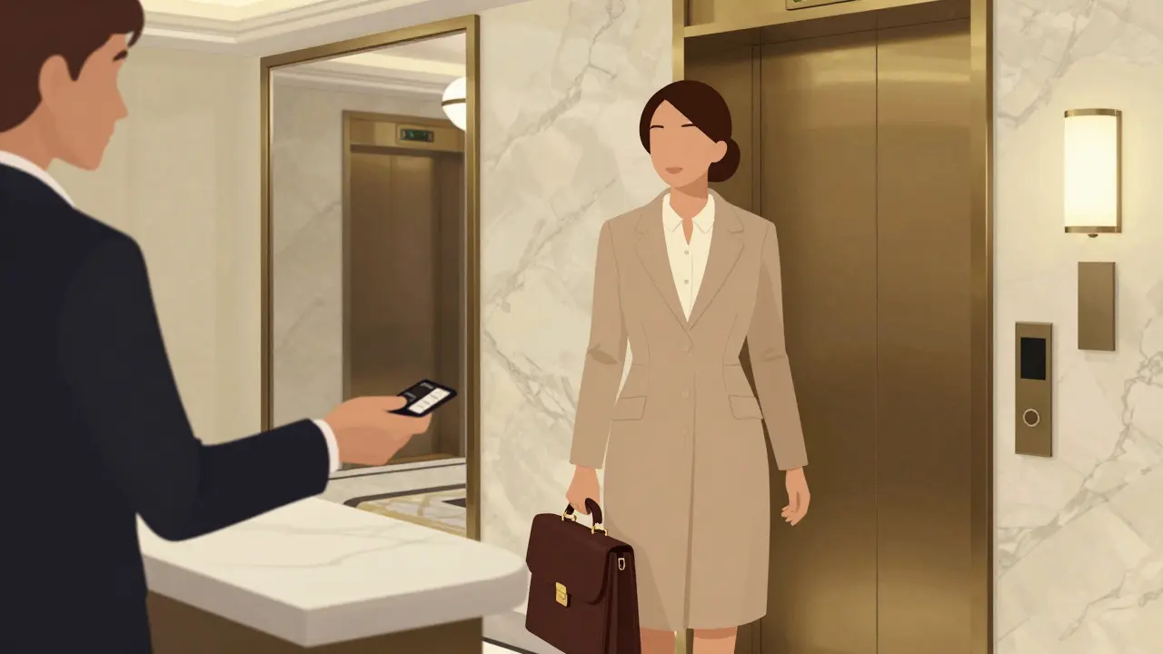 A woman entering a luxury hotel elevator, receiving a keycard from a receptionist in a discreet setting.