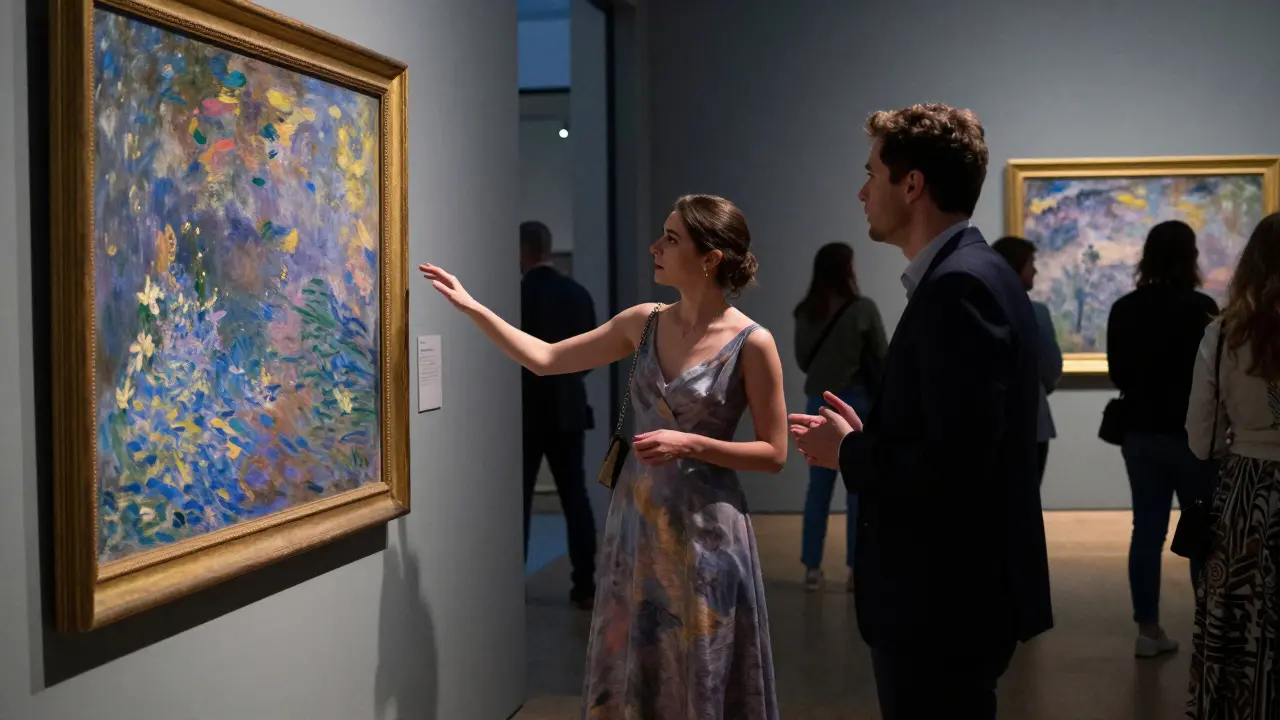 A woman explaining a Monet painting to a man at a private art gallery opening in Abu Dhabi, surrounded by blurred guests.
