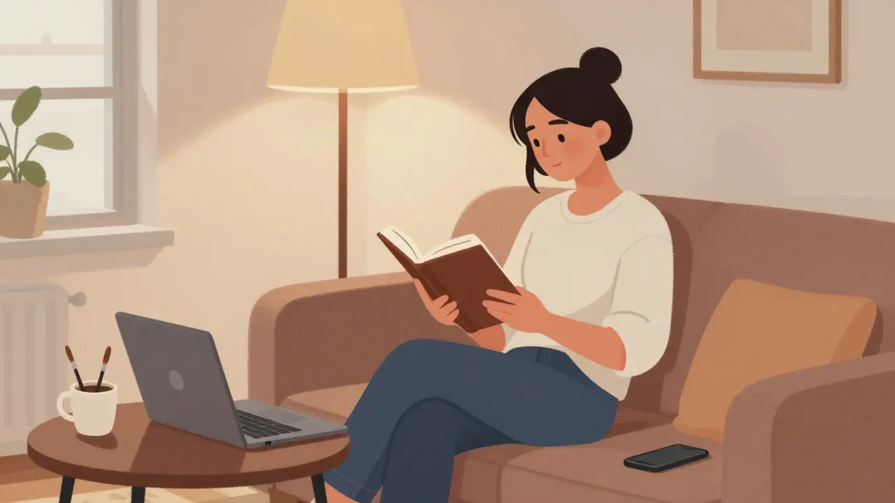 A woman reads and paints in a cozy apartment, her workspace peaceful and personal, no clients or luxury items in sight.