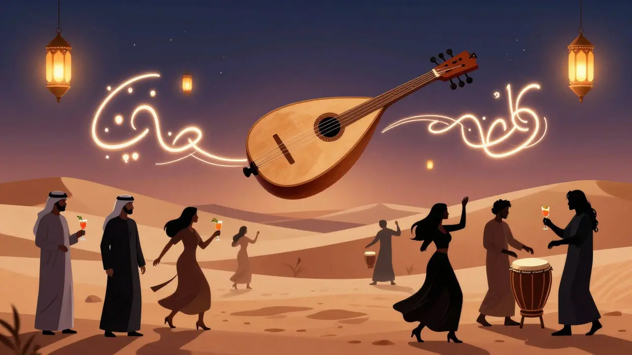 An oud instrument with neon strings connecting desert lanterns to modern club lights in a surreal sky.